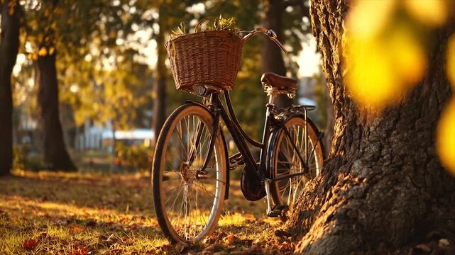 Bicycle resting against a tree in a park with a blurred foreground