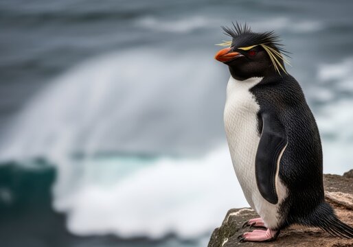 Rockhopper penguin with distinctive yellow crest and red eyes stands on a cliff overlooking the ocean