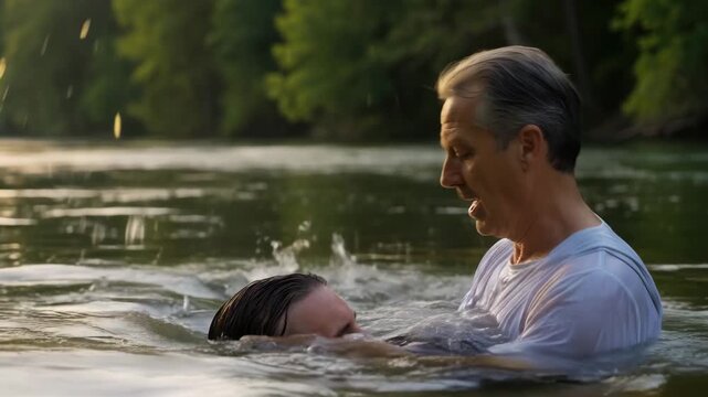 Christian baptism in a river. Minister baptizing a young man by full immersion in water. Religious ritual and faith concept