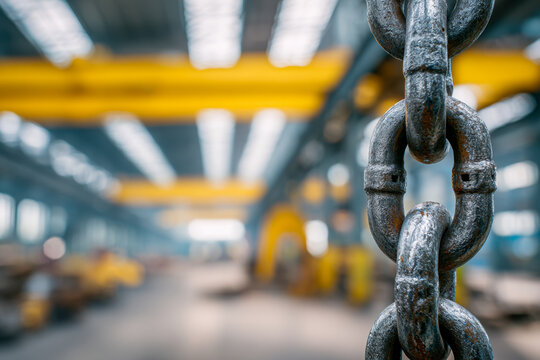 Rusted heavy-duty metal chain hanging inside an industrial warehouse with bright overhead cranes and blurred workshop background in soft focus