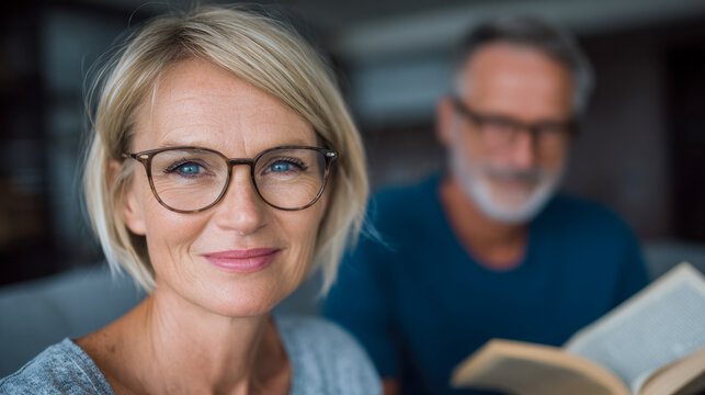 Smiling mature woman wearing glasses sitting comfortably with her partner in cozy home environment while he reads a book in the background