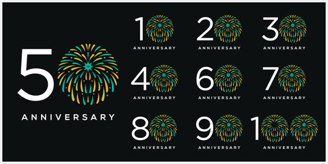 Collection of creative anniversary logo design. Celebration days special vector, firework sunlight symbol icon concept