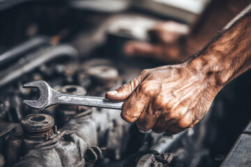 Obraz premium Experienced mechanic using a wrench to repair a car engine with focused hands and detailed mechanical components in a busy workshop environment