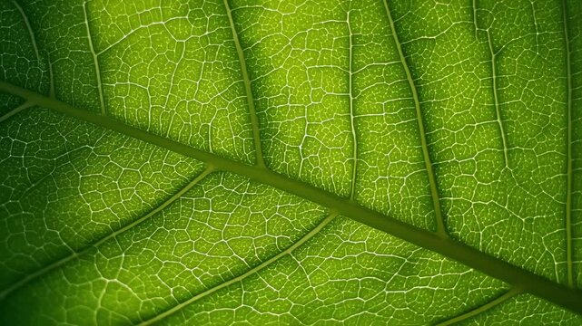 Extreme macro close up of green leaf texture showing intricate veins and cell structure backlit by sunlight