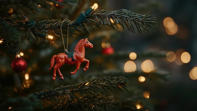 Traditional Christmas decorations on a lit-up tree.