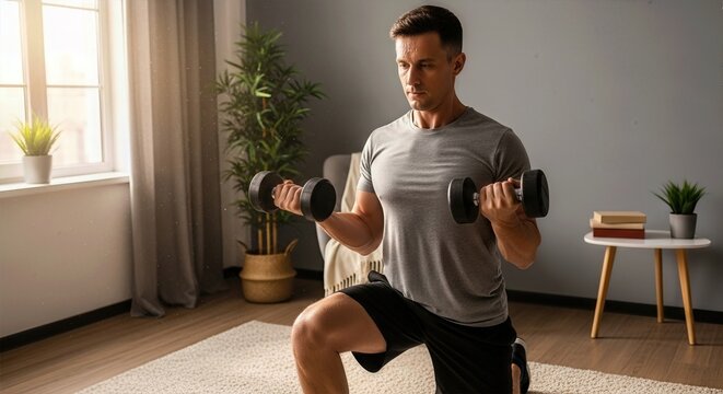 Man doing squats with dumbbells in a modern living room with wooden floor