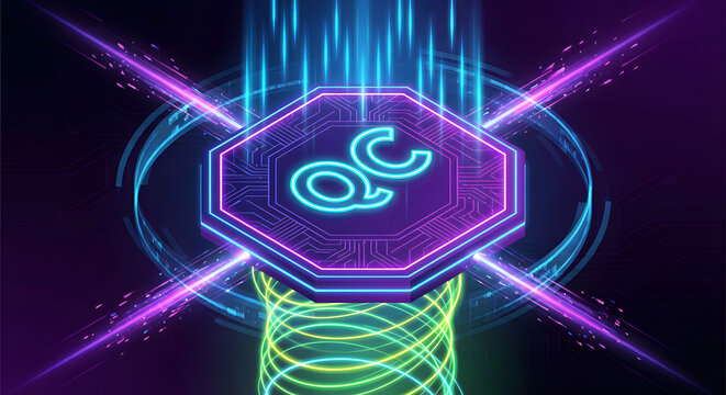 quantum computing technology concept with qc icon on futuristic neon circuit board with purple and blue glowing light rays representing advanced data processing and supercomputing