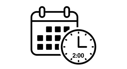 A black and white graphic of a calendar alongside a clock set to 2 o'clock