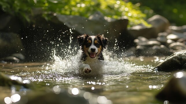 A playful puppy splashing in a crystal-clear stream in a tranquil forest setting 