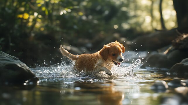 A playful puppy splashing in a crystal-clear stream in a tranquil forest setting 