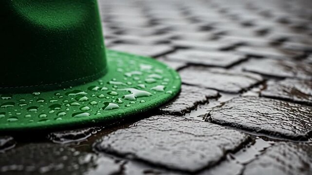 St. Patrick's Day green hat on wet cobblestones, emerald green, Irish holiday celebration