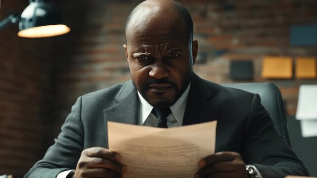 A man in a business suit deeply engaged in reading a document at his desk, suggesting seriousness and concentration on important work matters.