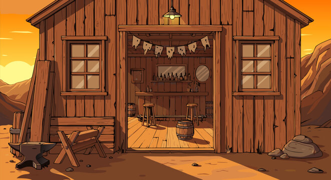 Old Western Style Blacksmith Shop Scene Vector Illustration at Sunset