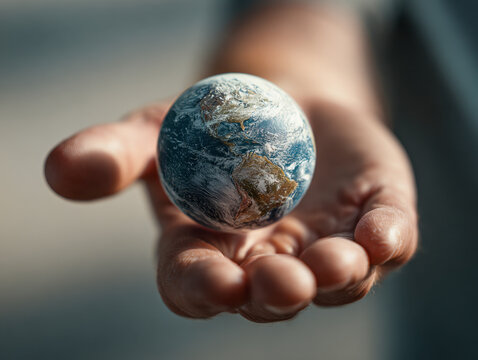 Hand gently holding a miniature planet earth with focus on the Americas against a blurred neutral background symbolizing global care and responsibility