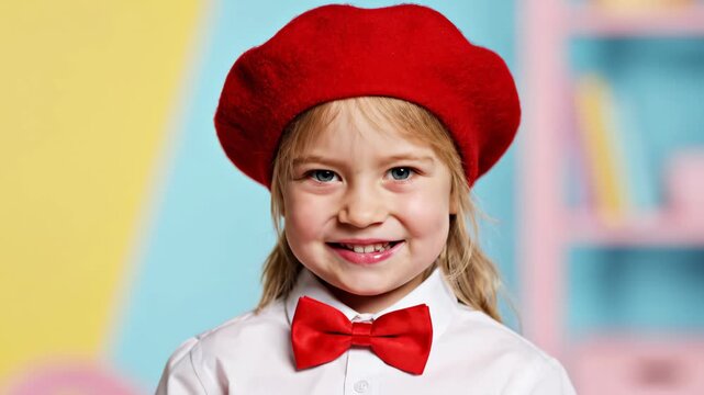 Happy blonde kid makes silly facial expressions, sticking tongue out, then smiling with eyes closed playfully