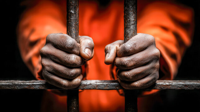 Hands gripping rusty prison bars tightly with a person dressed in an orange outfit behind the metal gate representing incarceration and confinement struggles