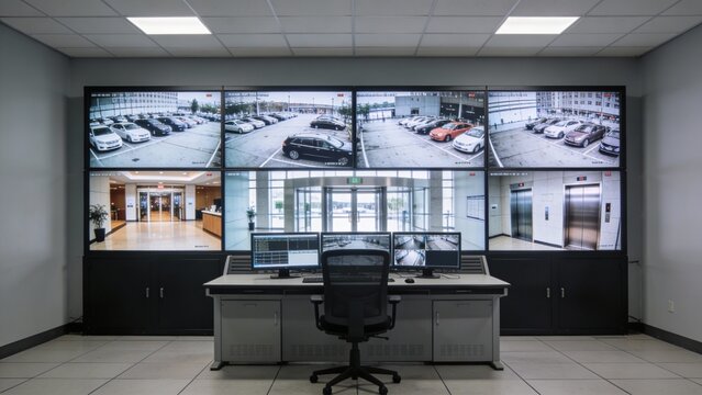 Modern security control room with surveillance wall screens and operator desk, corporate monitoring and facility management workflow, calm vigilant mood for safety