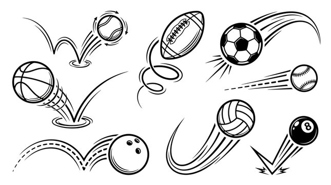 Sports Balls Vector Illustration Set, Black and White Line Drawing with Motion Effects, Dynamic Artwork of Basketball, Soccer, Baseball, Football, Tennis, Volleyball, Bowling, Billiards