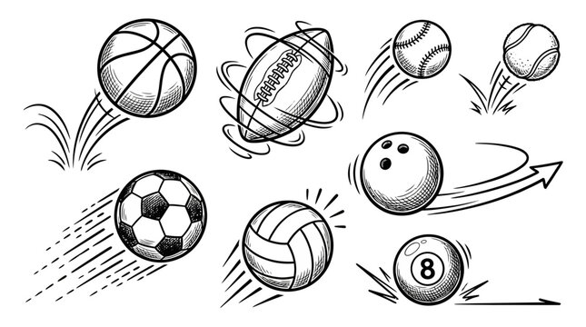 Sports Balls Vector Illustration Set, Black and White Line Drawing with Motion Effects, Dynamic Artwork of Basketball, Soccer, Baseball, Football, Tennis, Volleyball, Bowling, Billiards