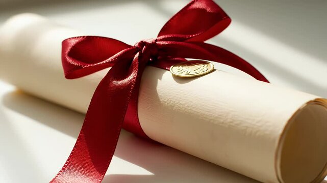 Elegant rolled parchment scroll bound with a red satin ribbon and wax seal on a pristine white surface