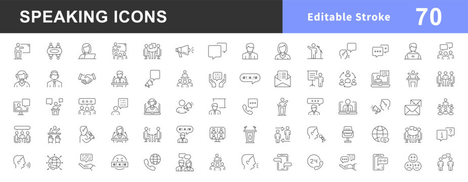 Speaking set of web icons in line style. Editable stroke. Collection outline icons related to public speacking. People, communication, talking, discussion, speech bubble, team, support. Vector