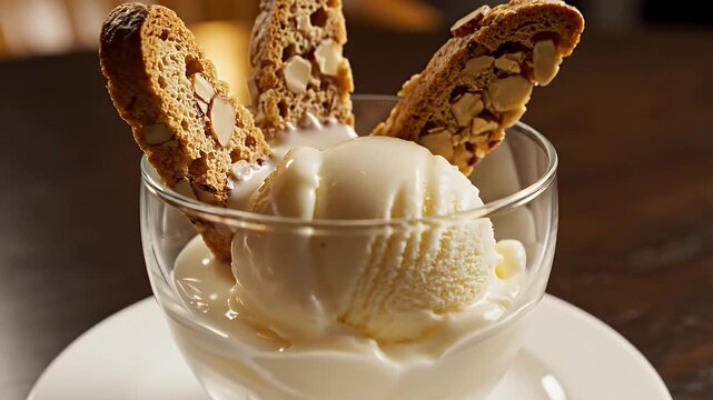 Elegant Vanilla Ice Cream Dessert Served in a Glass Cup with Crispy Biscotti Sticks