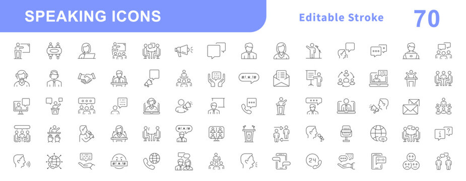 Speaking set of web icons in line style. Editable stroke. Collection outline icons related to public speacking. People, communication, talking, discussion, speech bubble, team, support. Vector