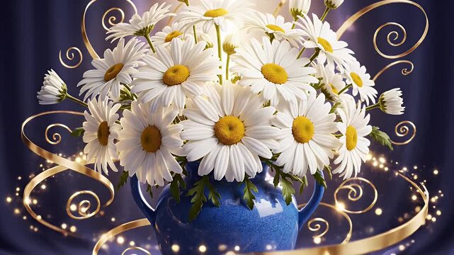 Elegant white daisy bouquet in a cobalt blue vase against royal blue satin backdrop with ornate gold scrolls