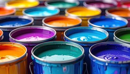 Fototapeta premium Perspective View of Multiple Open Paint Cans with Vibrant Colorful Pigments for Professional Interior Design, Art Studio, and Creative Home Decor