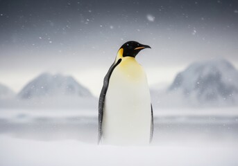 Obraz premium Majestic emperor penguin stands alone in a snowy Antarctic landscape during a blizzard