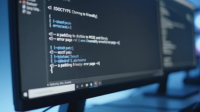 Close-up photograph of a computer monitor displaying code with a blurred secondary screen in the background