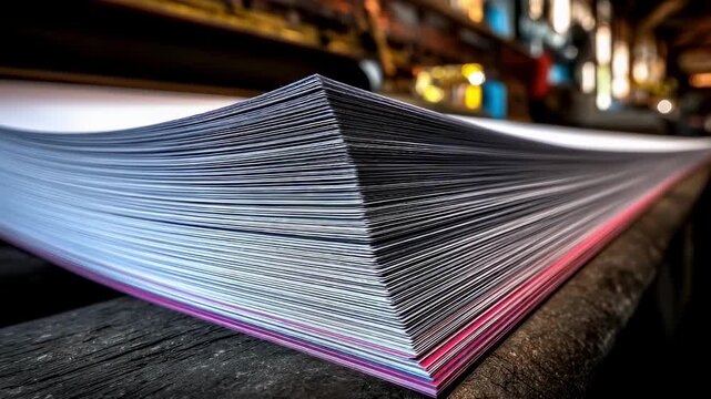 Focused view of lowresidue laser forms as they stack neatly highlighting the clean paper surface with blurred printing equipment behind.