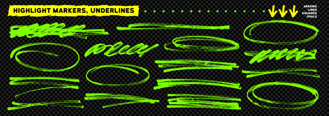 Fototapeta premium Marker drawn bold highlight lines and oval set. Bright green highlight markers, swirl lines and strike through. Vector hand drawn doodle bold brush strokes, underlines and ovals for text. Scribble emp