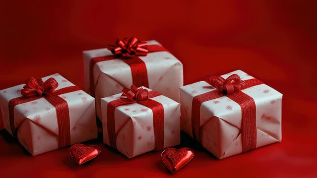 Set of four gift boxes with shiny wrapping and red bows.
