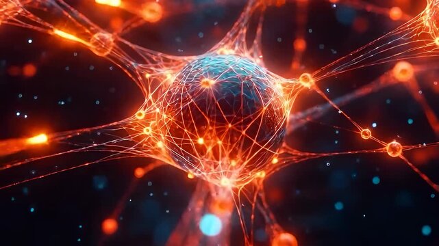 Abstract Neural Network with Glowing Blue and Orange Neurons, Concept of Brain Activity, Human Intelligence, Deep Learning and Synapse Information Transfer