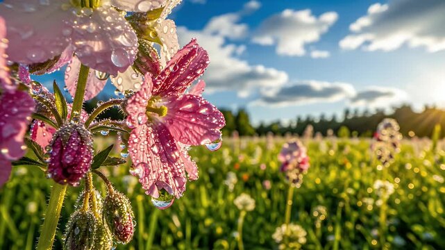 Close-Up View of Bright Pink Foxglove Blooms in a Sunlit Meadow Under a Clear Blue Sky