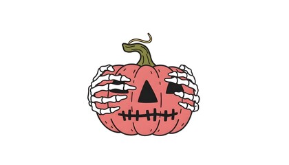 Skeleton hands holding scary pink Halloween pumpkin