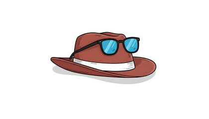 Stylish Brown Fedora Hat with Blue Sunglasses Illustration