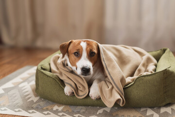 Cute Jack Russell Terrier dog wrapped in cozy blanket at home