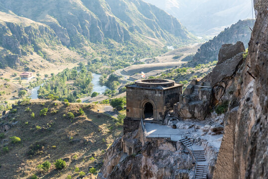 Evening view from Vardzia, ancient rock cut city in Georgia, Erusheti mountain