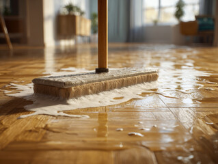 Wooden mop cleaning soapy water off shiny parquet flooring in a cozy, sunlit living room with blurred furniture and plants in the background