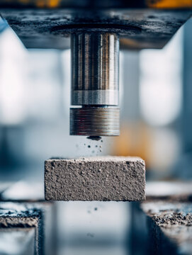 Industrial compression testing machine applying pressure to a concrete block to measure strength and durability in a controlled laboratory environment