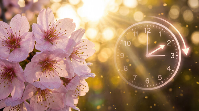 Spring forward daylight saving time concept with a glowing clock moving one hour ahead against a backdrop of pink cherry blossoms and warm sunlight.