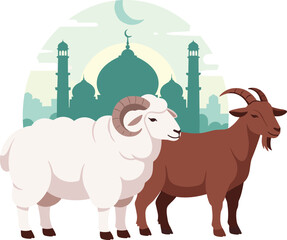 Ram and goat standing in front of mosque during Eid al-Adha