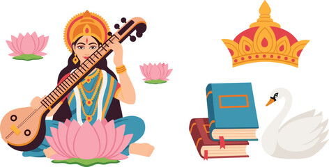 Saraswati goddess illustration with veena and lotus