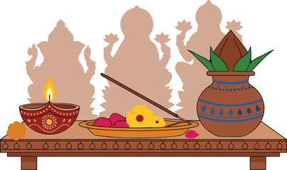 Traditional Indian Diwali celebration setup with diya lamp, flowers, and decorative pot