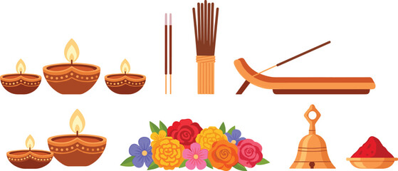 Vibrant Diwali celebration elements with candles and flowers