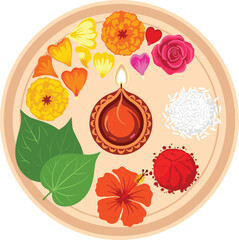 Vibrant Diwali puja plate with flowers, leaves, and traditional items