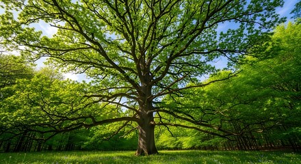Obraz premium Large oak tree in lush green forest with sunlit canopy and flowering meadow below