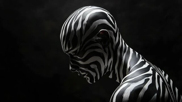Contemplative silhouette with zebra stripes, in dark room.